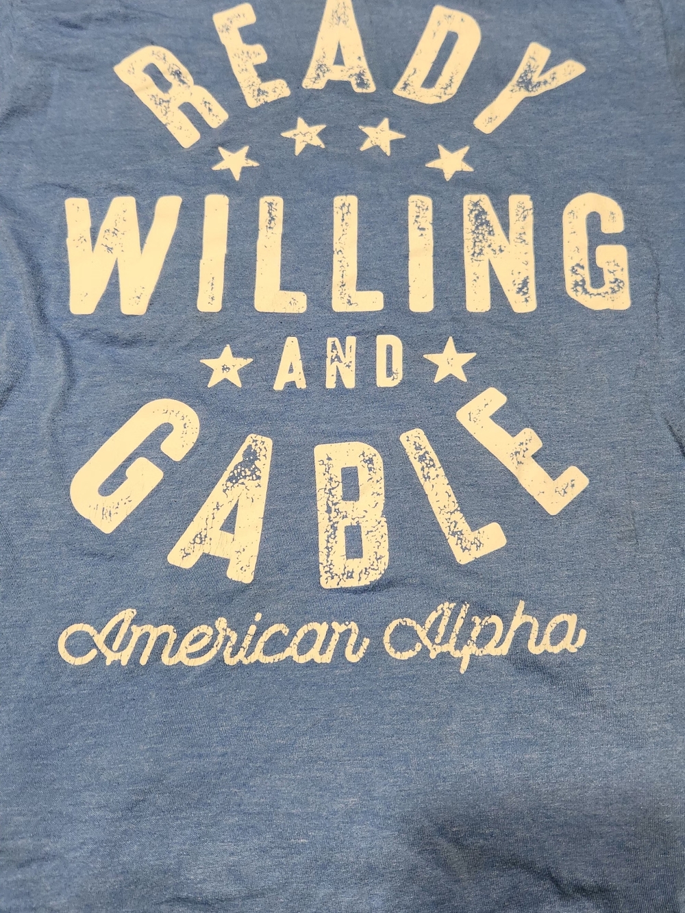WWE Small Blue Graphic Tee with White 'Ready Willing and Cable' Print